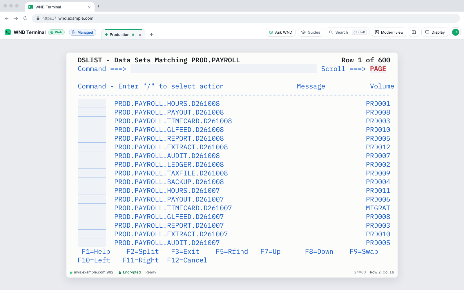 WND Terminal running in a web browser at wnd.example.com, signed in and connected to a mainframe data set list.