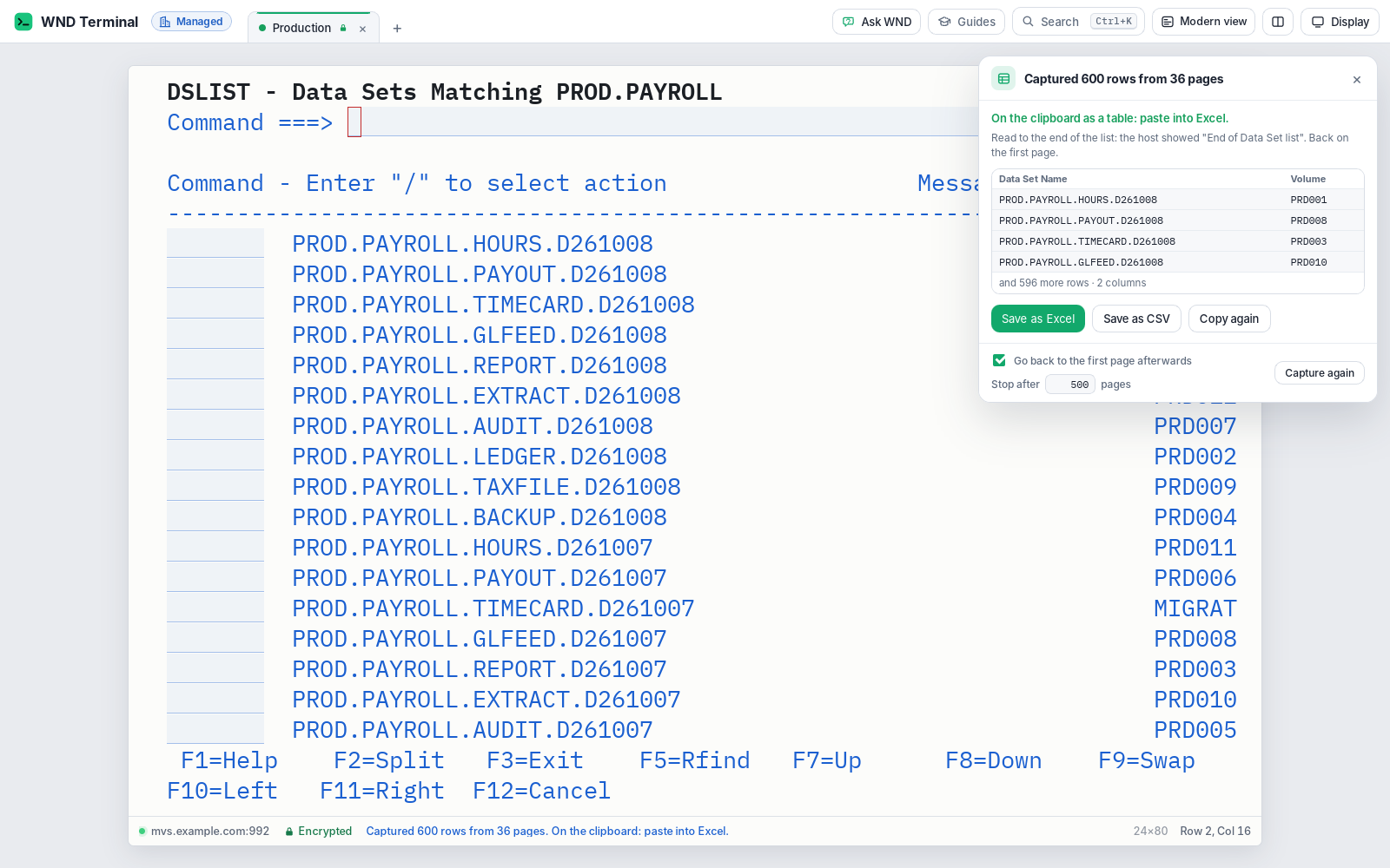 ISPF data set list with the Capture all pages result: captured 600 rows from 36 pages, on the clipboard as a table, with Save as Excel, Save as CSV and Copy again.