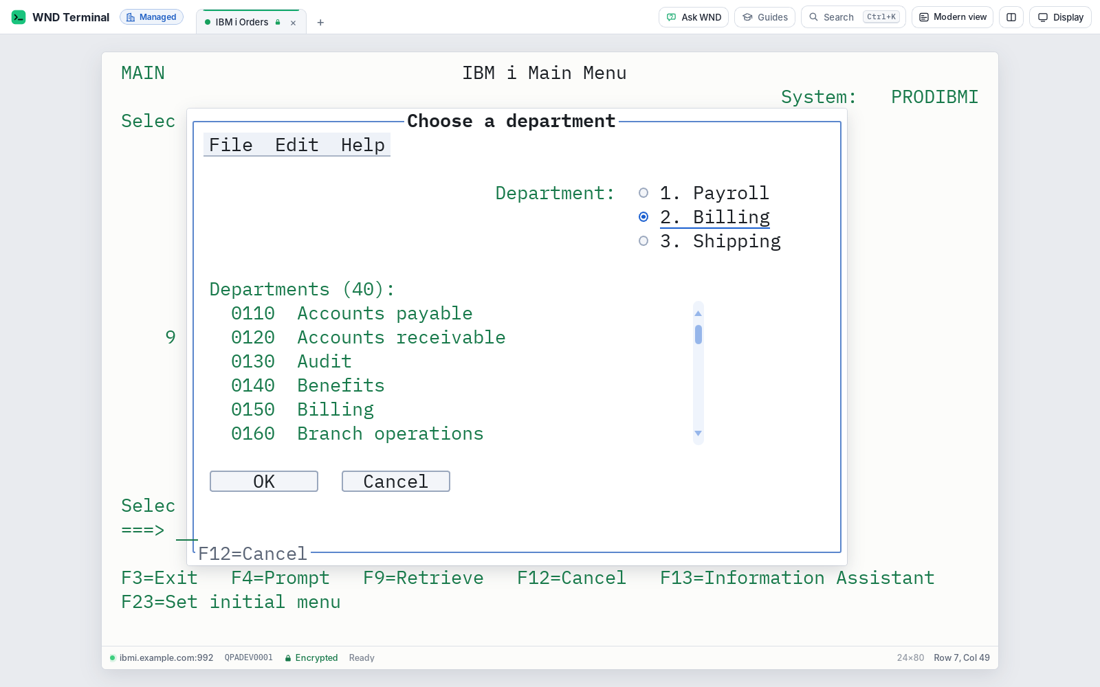 An IBM i enhanced-interface window in WND Terminal with a menu bar, radio buttons, a scrolling list and OK and Cancel push buttons.