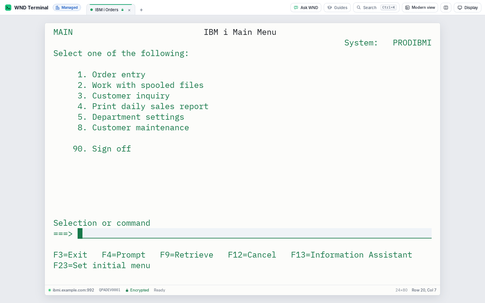 An IBM i main menu in WND Terminal over an encrypted connection.